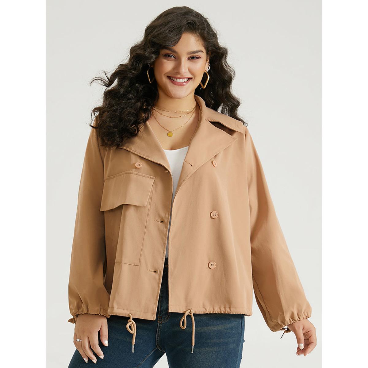 Plus Size Lapel Collar Drawstring Pocket Button Detail Coat Women LightBrown Elastic cuffs Pocket Dailywear Jackets BloomChic 26/4X Product Image