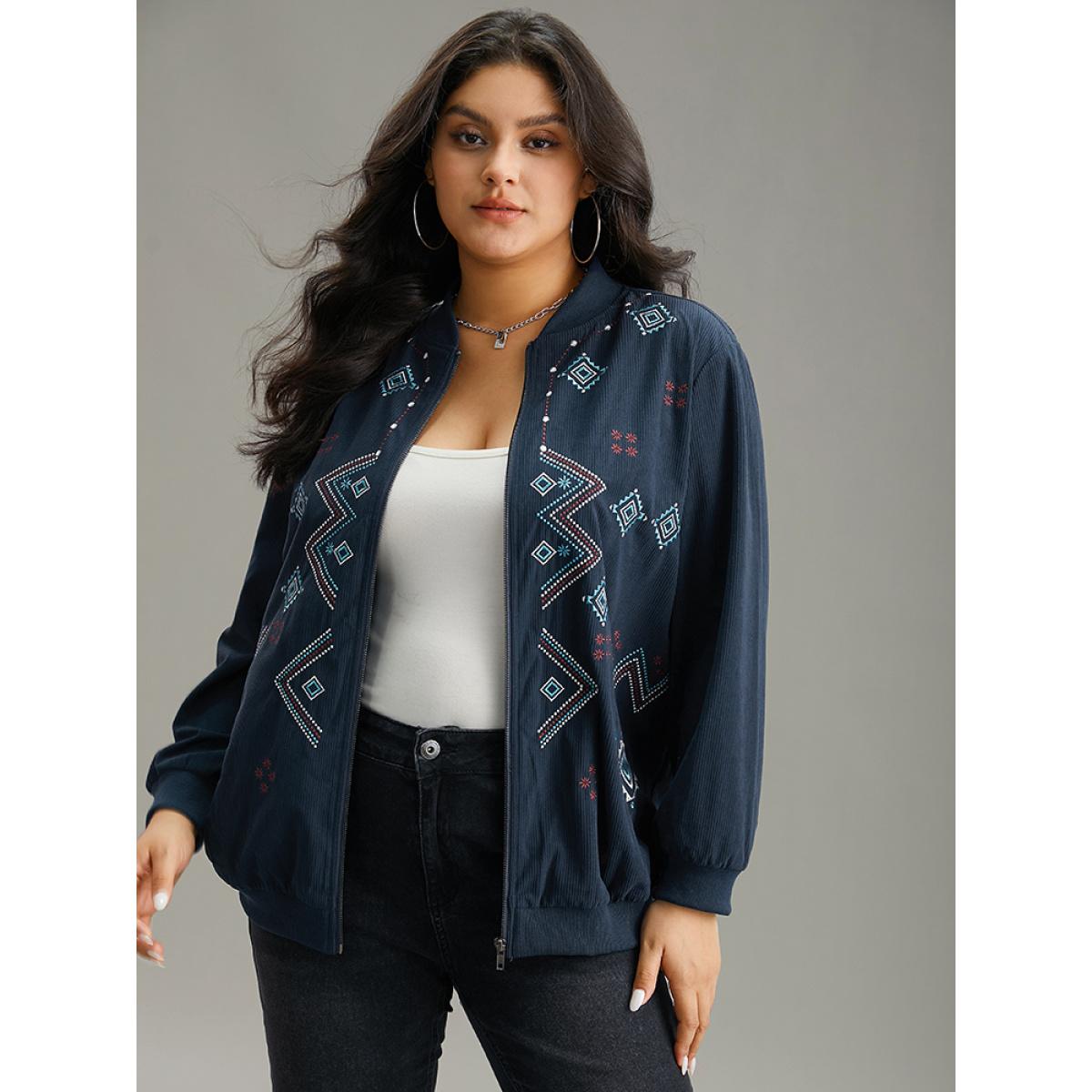 Plus Size Corduroy Geo Embroidered Zipper Fly Jacket Women Indigo Elastic cuffs Dailywear Jackets BloomChic 22-24/3X Product Image