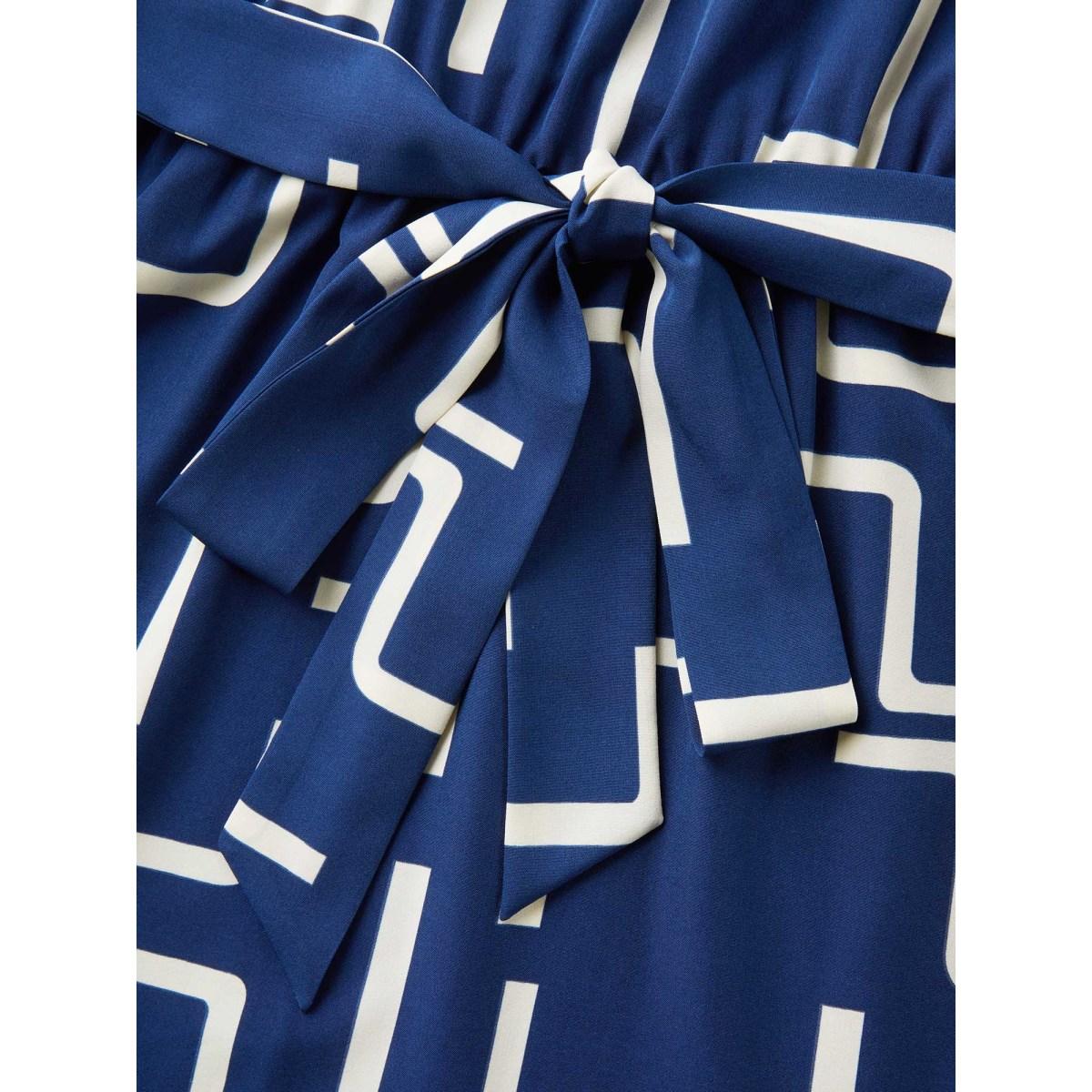 Plus Size Geometric Print Curved Hem Midi Dress Navy Women Office Flat collar with V-notch Short sleeve Curvy BloomChic 14-16/1X Product Image