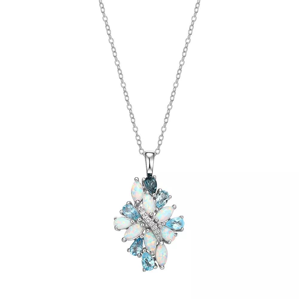 Rhodium-Plated Sterling Silver Blue Topaz With Lab-Created Opal and Lab-Created White Sapphire Accent Cluster Pendant Necklace, Women's, Size: 18" Product Image