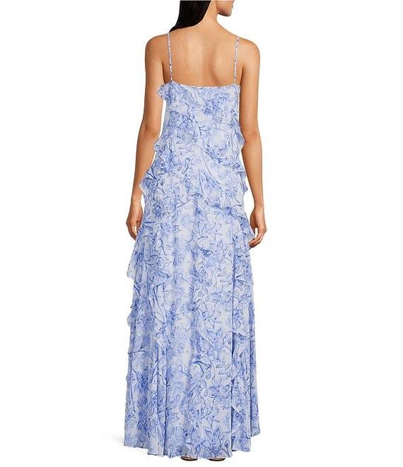 Lauren Ralph Lauren Mistbe Printed V-Neck Sleeveless Ruffle Trim Georgette A-Line Maxi Dress Product Image