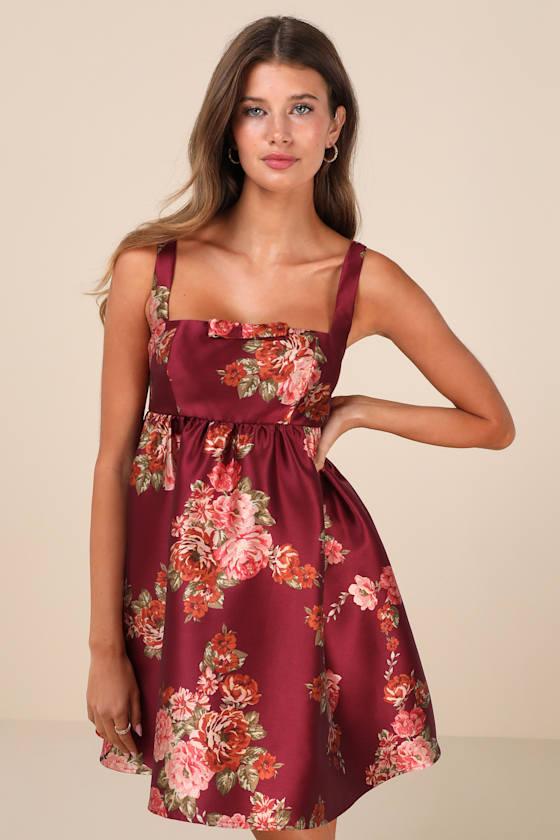 Unbelievably Lovely Red Floral Babydoll Empire Waist Mini Dress Product Image