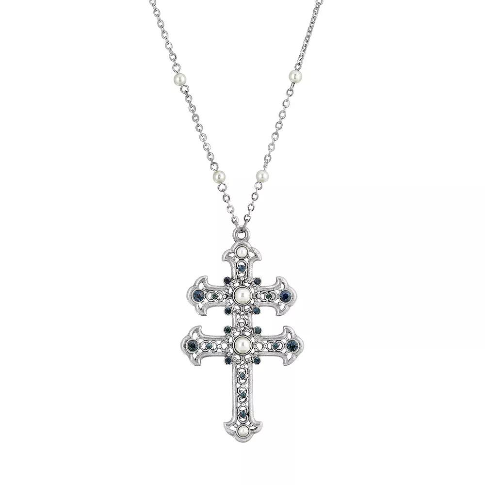 1928 Simulated Pearl & Simulated Crystal Double Cross Pendant Necklace, Womens, Blue Product Image