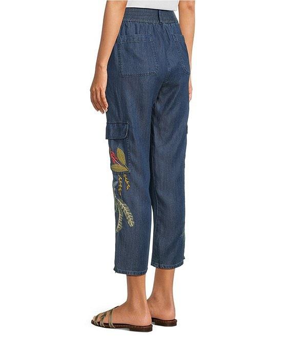 JOHNNY WAS Jane Lightweight Denim Smocked Waist Embroidered Tapered Leg Cargo Ankle Pants Product Image