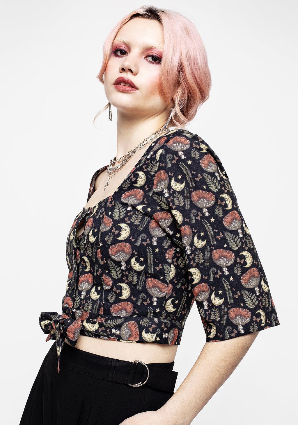 Dreamfast Mushroom Moon Print Button Up Tie Crop Top Product Image