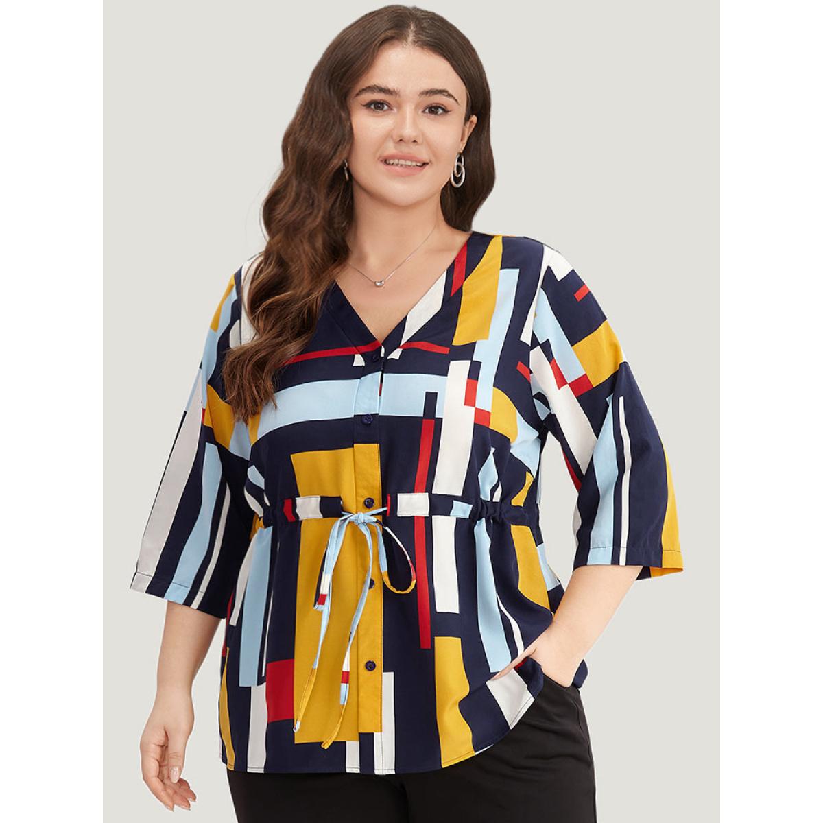 Plus Size Multicolor Geometric Contrast Drawstring Button Up Blouse Women Office Elbow-length sleeve V-neck Office Blouses BloomChic 26/4X Product Image