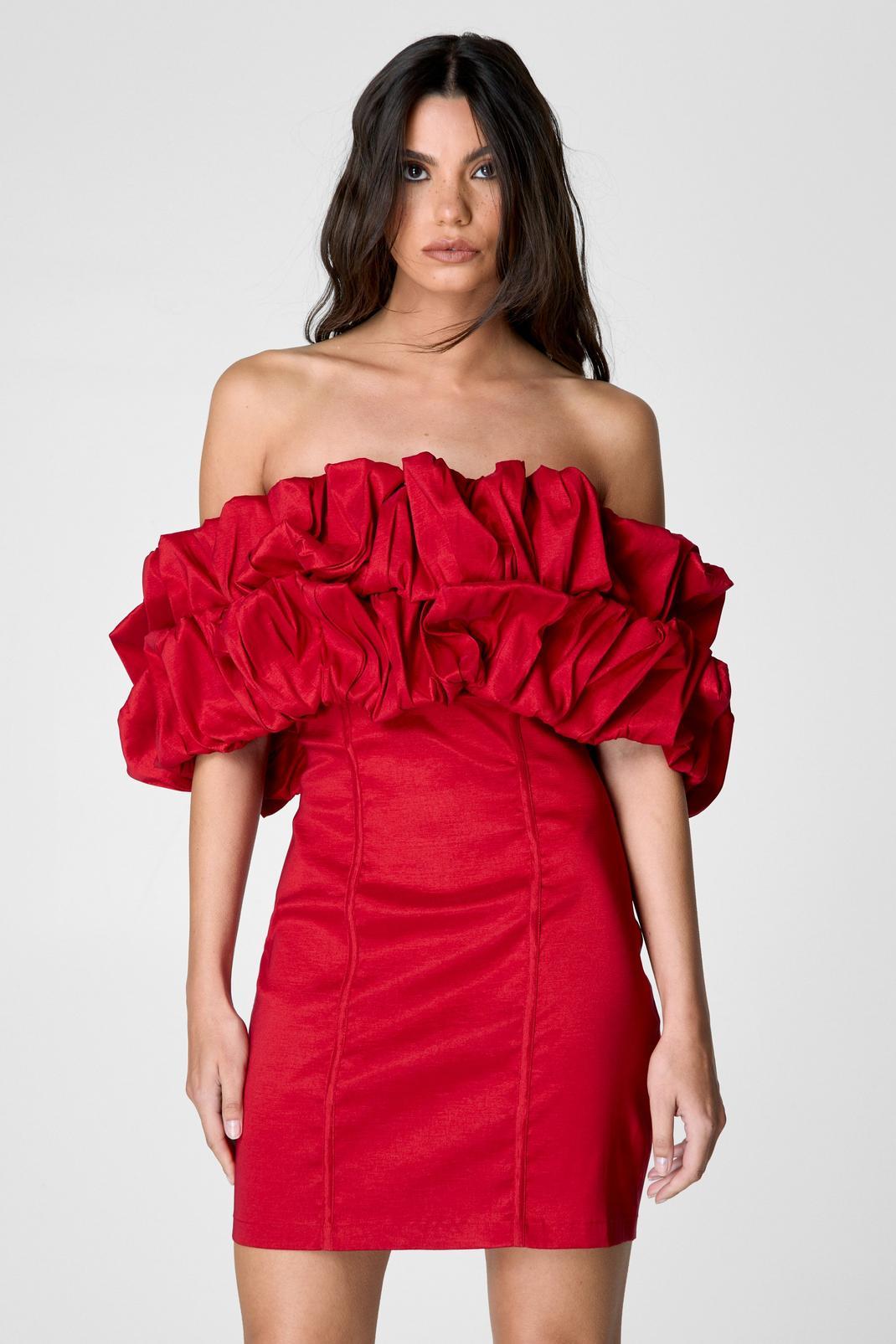 Taffeta Ruched Bardot Mini Dress Product Image