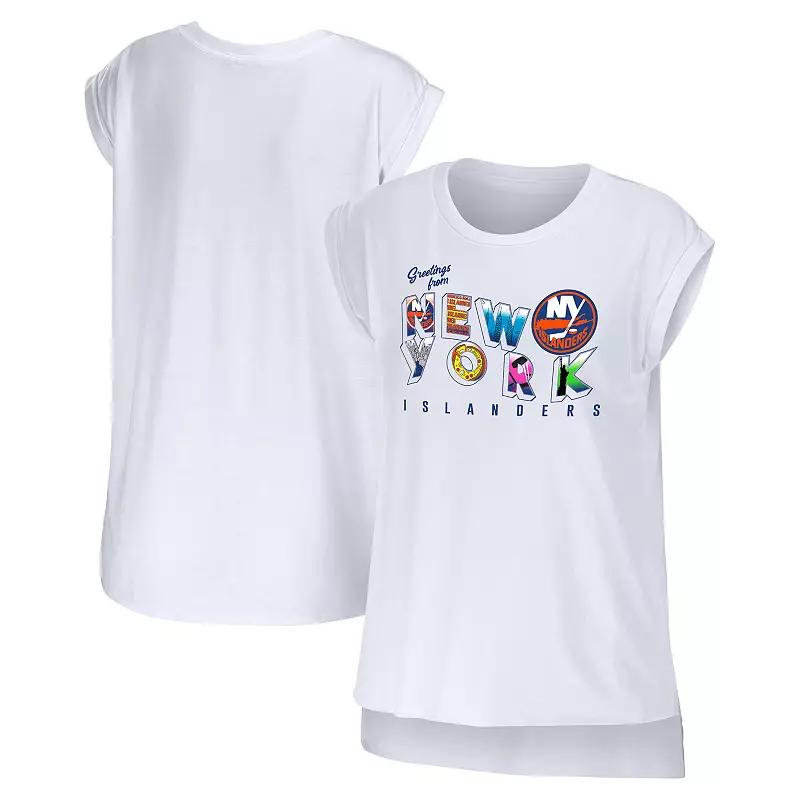 Women's WEAR by Erin Andrews White New York Islanders Greetings From Muscle T-Shirt,  Product Image