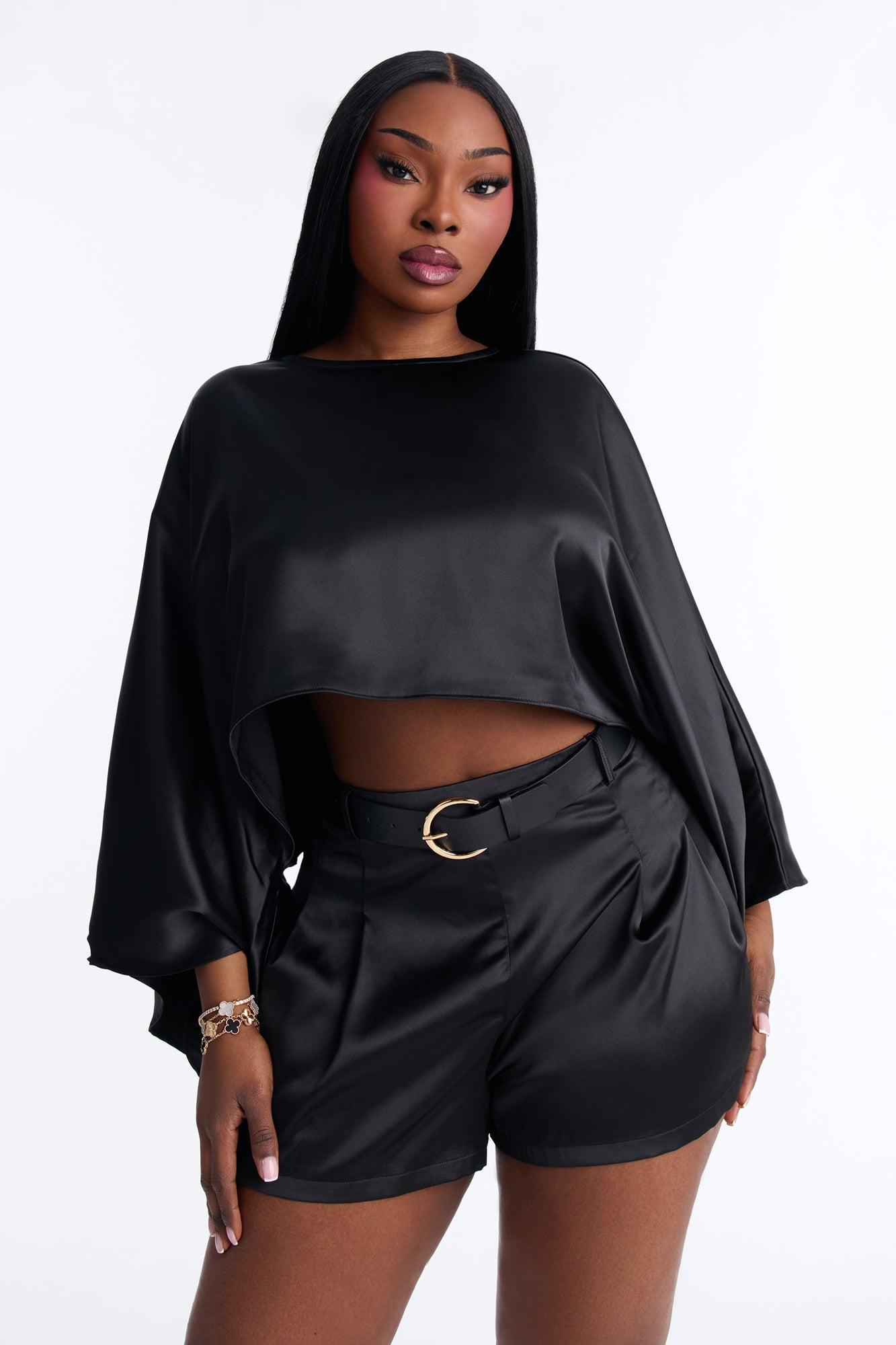 Kamilla Satin Belted Short Set - Black Product Image