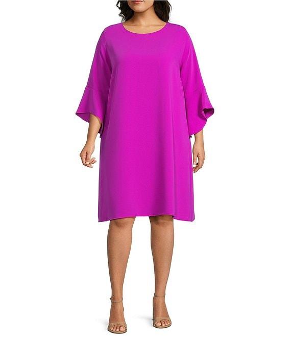 Caroline Rose Plus Size Julia Matte Crepe Round Neck 3/4 Ruffle Sleeve Shift Dress Product Image