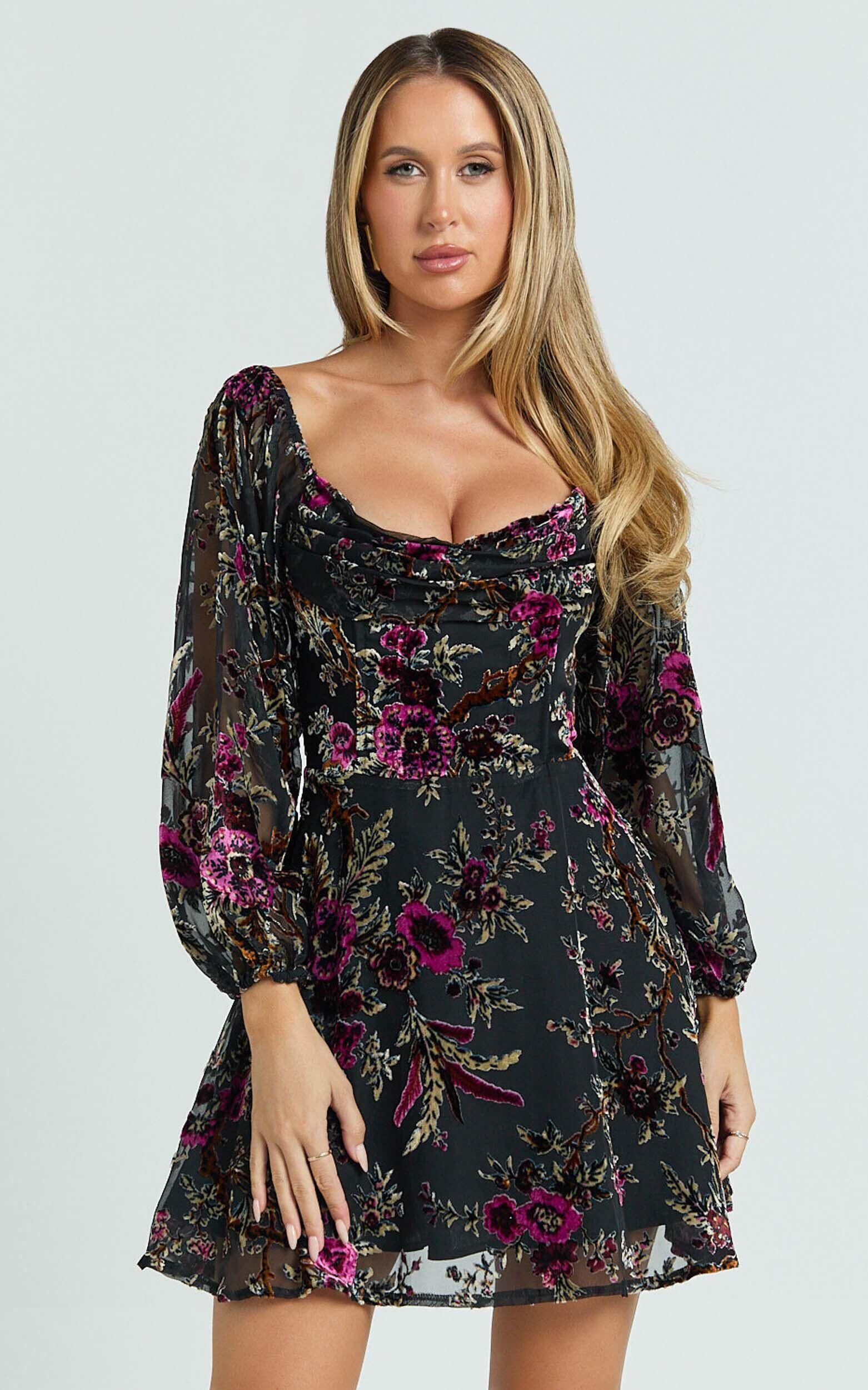 Jessell Mini Dress - Long Sleeve Cowl Corset Dress in Black Floral Product Image