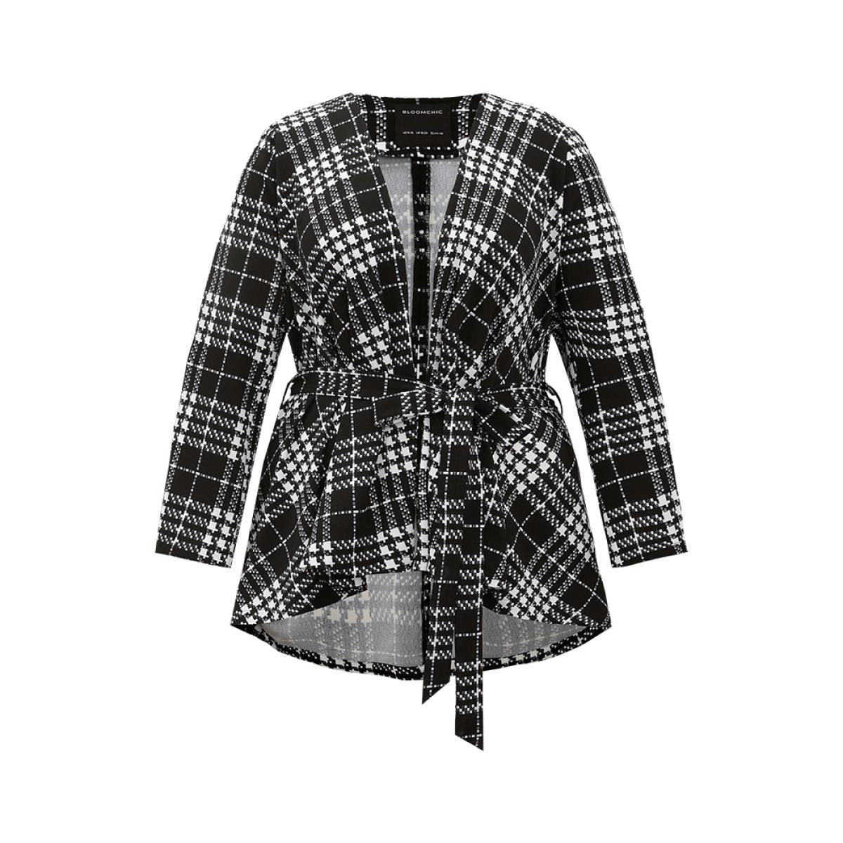 Plus Size Plaid Belted Asymmetrical Hem Coat Women Black Elegant Belted Ladies Dailywear Winter Coats BloomChic 18-20/2X Product Image