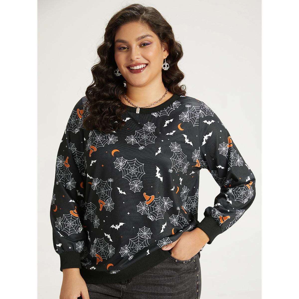 Plus Size Halloween Print Elastic Cuffs Round Neck Sweatshirt Women Purple Playful Elastic cuffs Round Neck Casual Sweatshirts BloomChic 12/L Product Image
