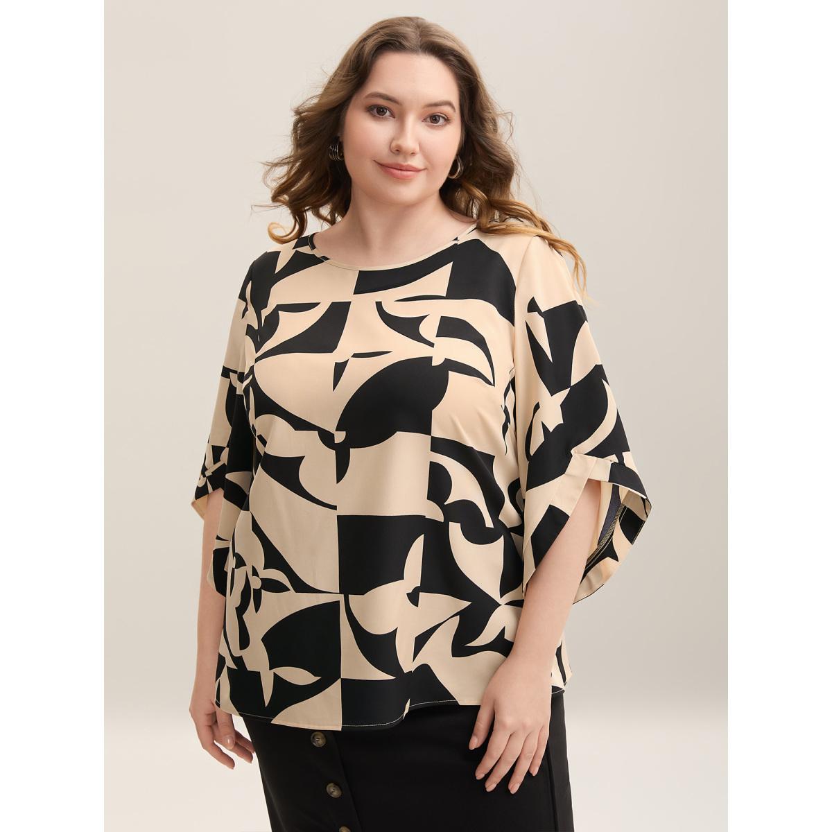 Plus Size Multicolor Geometric Pattern Tab Sleeve Flowy Blouse Women At the Office Elbow-length sleeve Round Neck Work Blouses BloomChic 14-16/1X Product Image