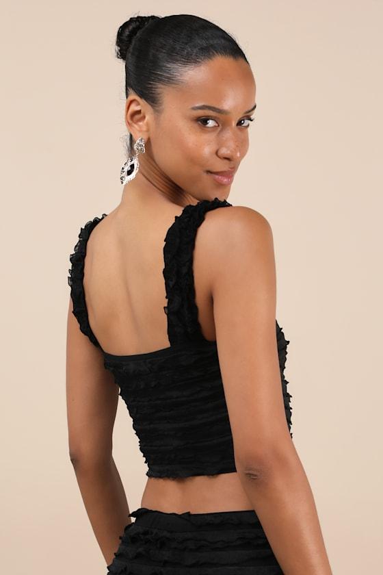 Arcelia Black Ruffled Crop Tank Top Product Image