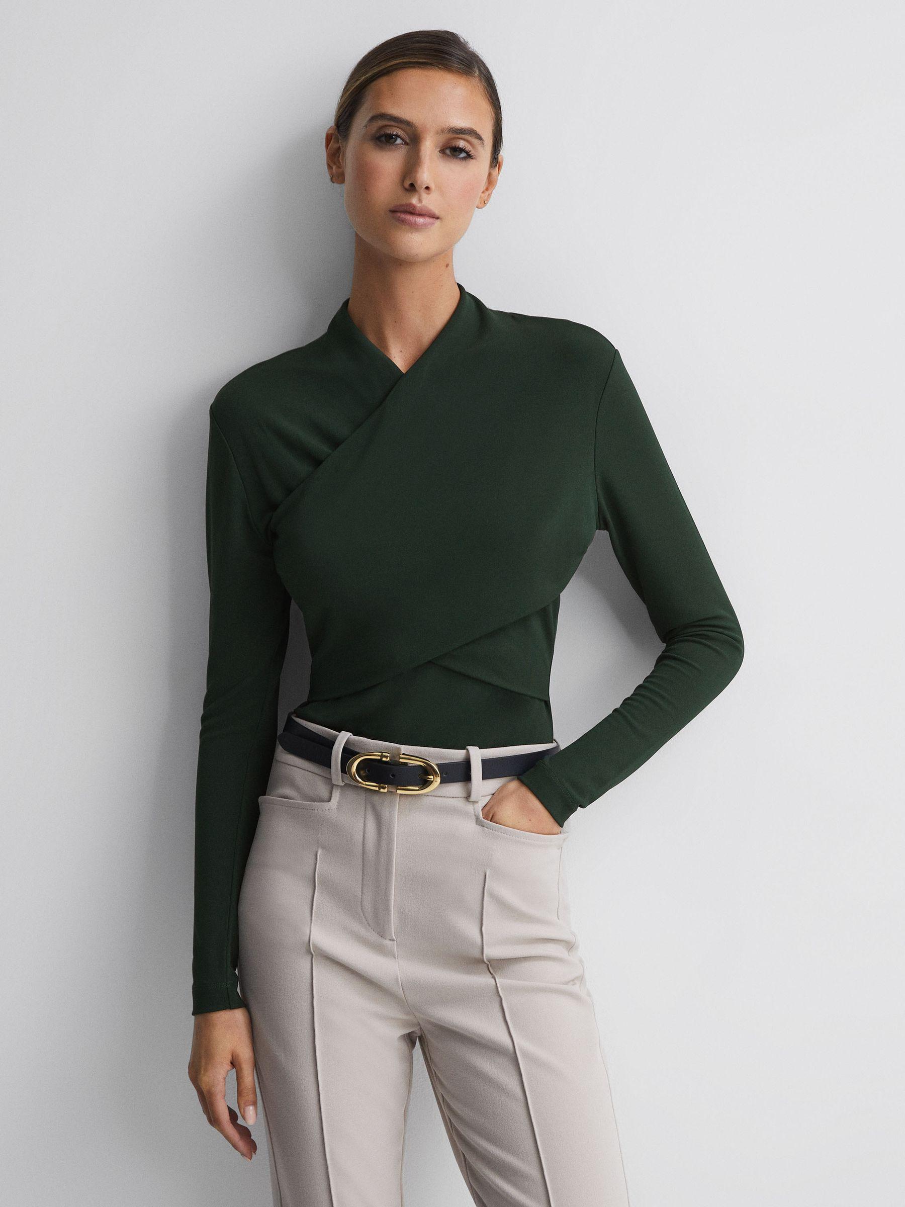 Fitted Long Sleeve Wrap Top in Green Product Image