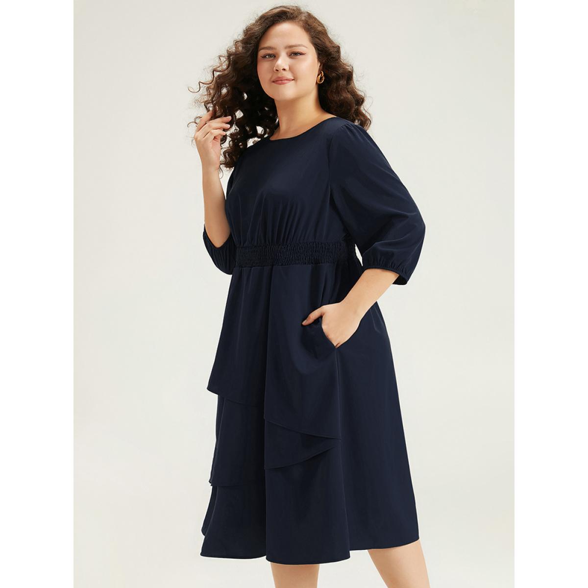 Plus Size Twill Flutter Shirred Asymmetrical Layered Hem Dress Indigo Women At the Office Elastic cuffs Round Neck Elbow-length sleeve Curvy Midi Dress BloomChic 26/4X Product Image