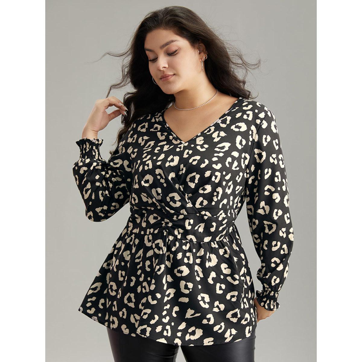 Plus Size Black Leopard Print Crossover Ruched Shirred Blouse Women Elegant Long Sleeve V-neck Dailywear Blouses BloomChic 10/M Product Image