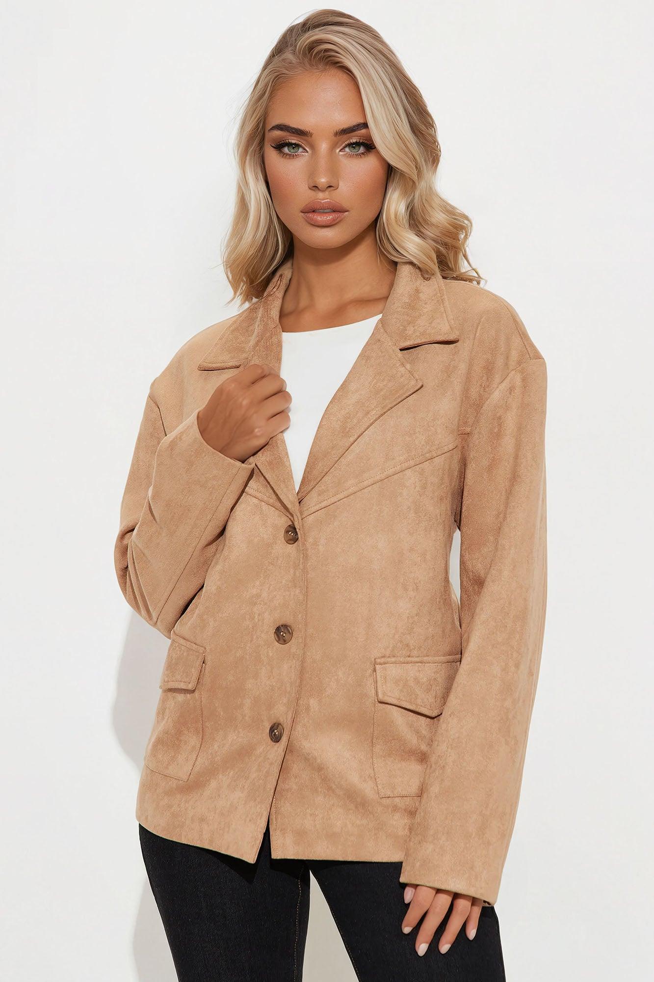 Everyday Casual Faux Suede Shacket - Taupe Female Product Image