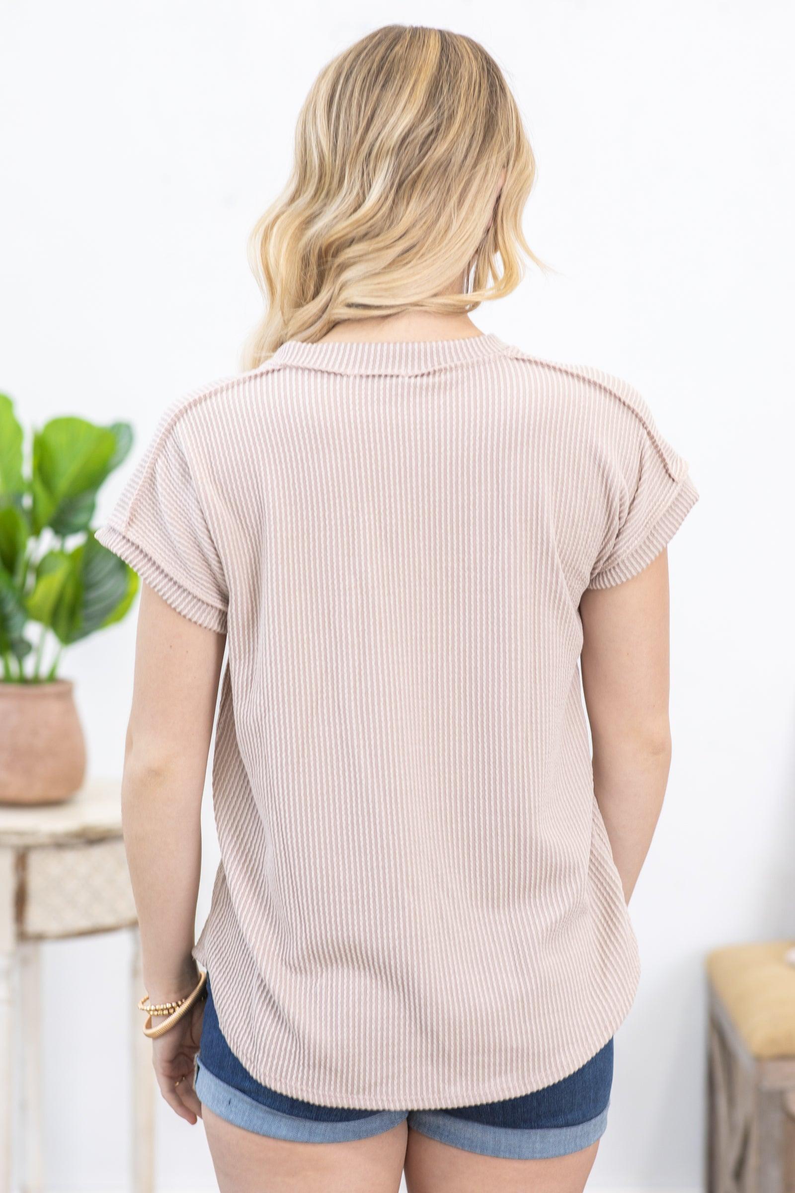 Beige Ribbed V-Neck Knit Top Product Image