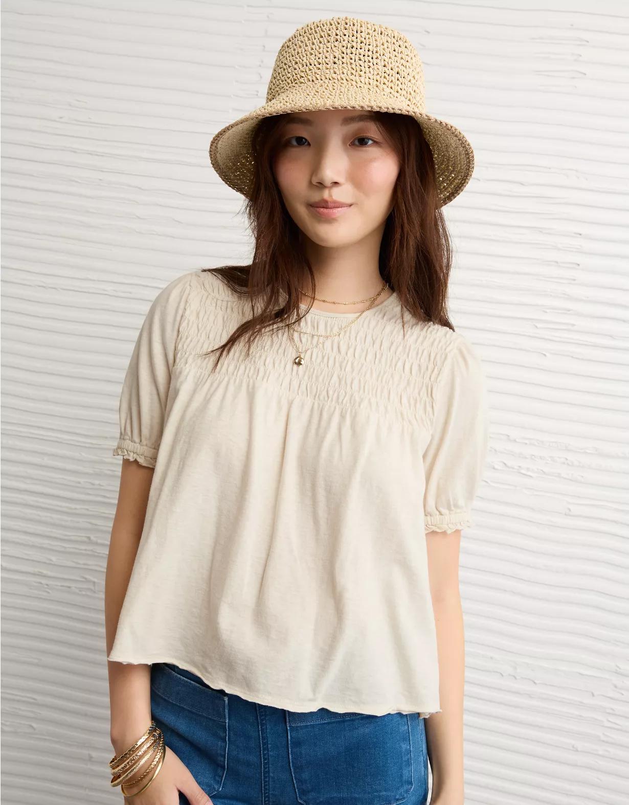 AE Sunchaser High Neck Puff Sleeve Smocked T-Shirt Product Image