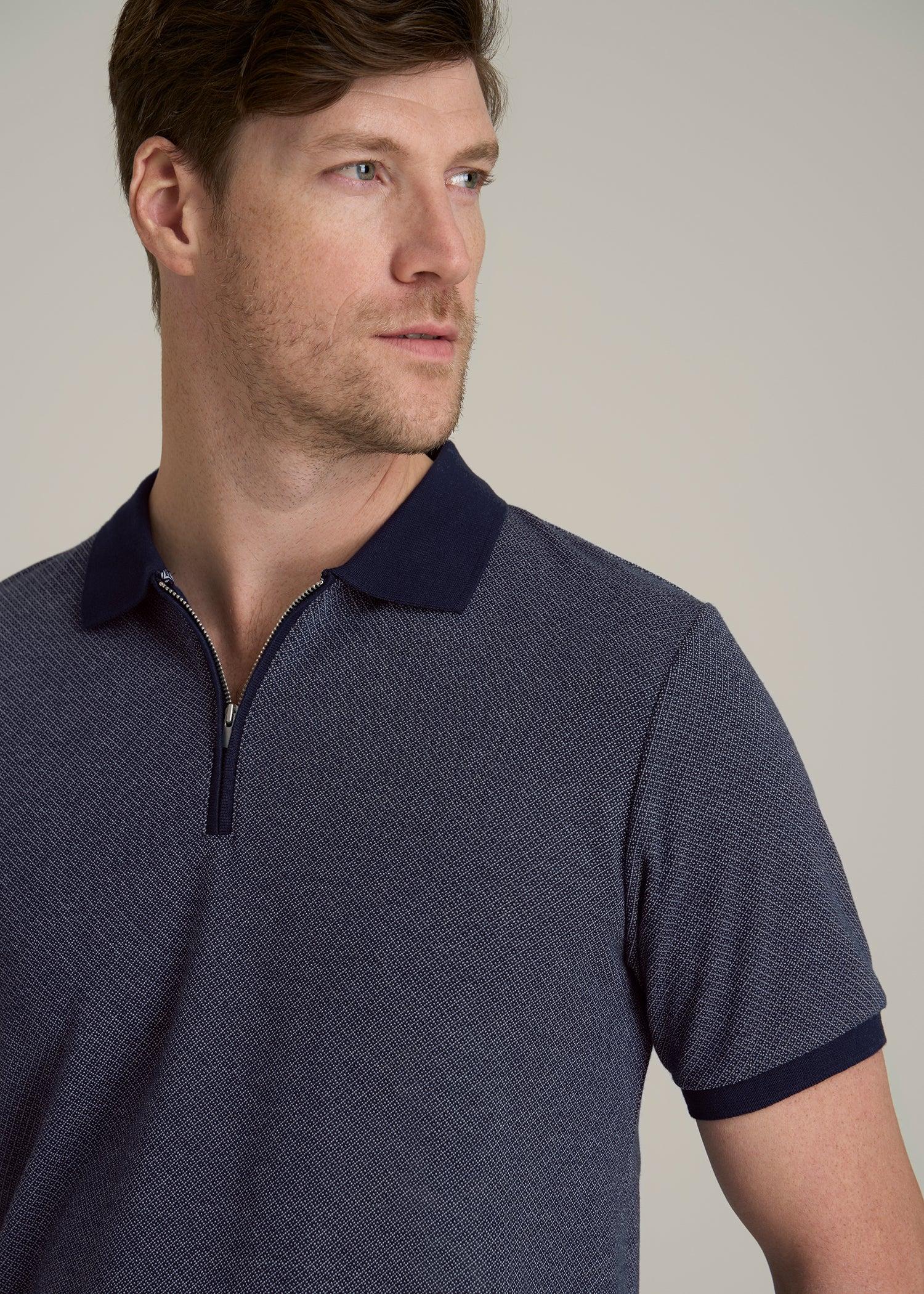 Embossed Geo Zip Collar Polo Shirt for Tall Men in Evening Blue Male Product Image