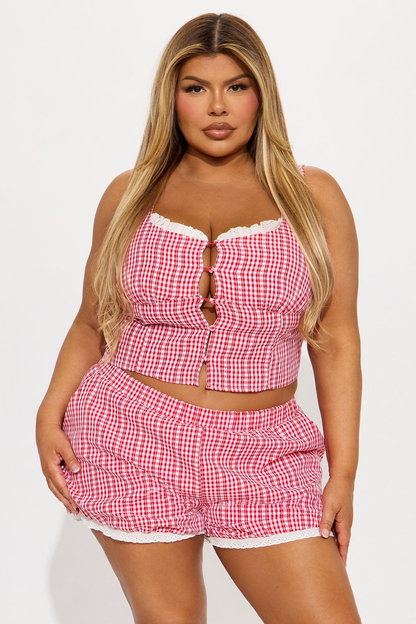 Gia Gingham Bubble Hem Short Set - Red/combo Product Image