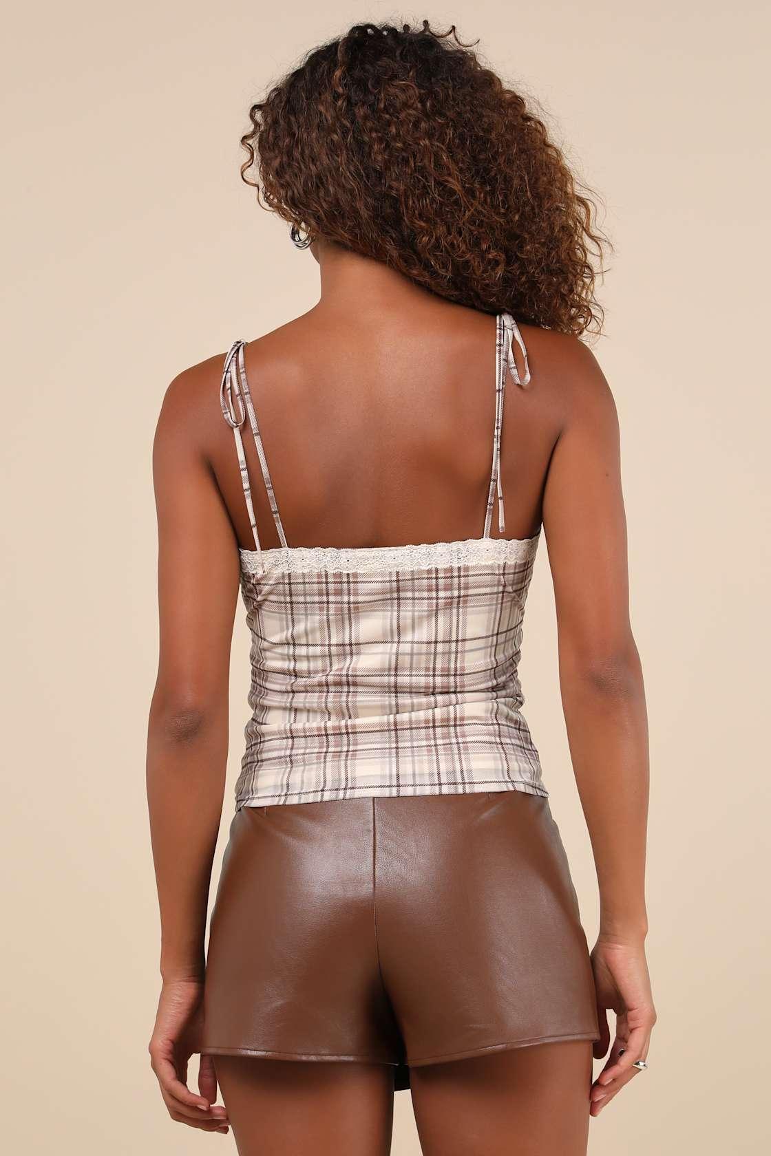 Sweetest Attitude Cream and Brown Plaid Mesh Tie-Strap Cami Top Product Image