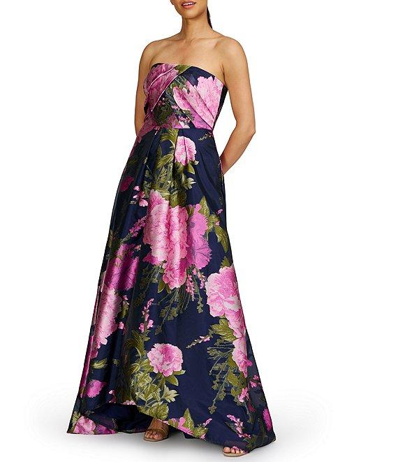 Kay Unger Strapless Pleated Bodice Printed Organza Jacquard Gown Product Image