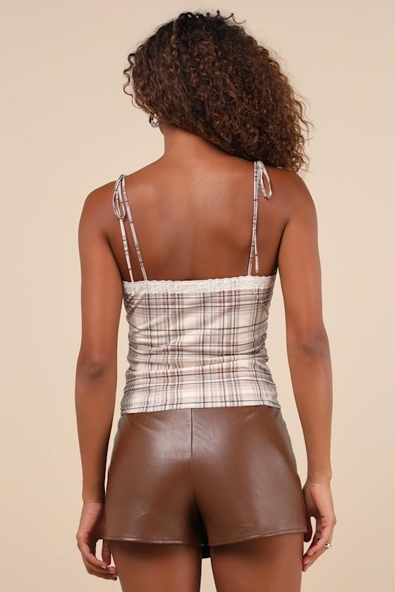 Sweetest Attitude Cream and Brown Plaid Mesh Tie-Strap Cami Top Product Image