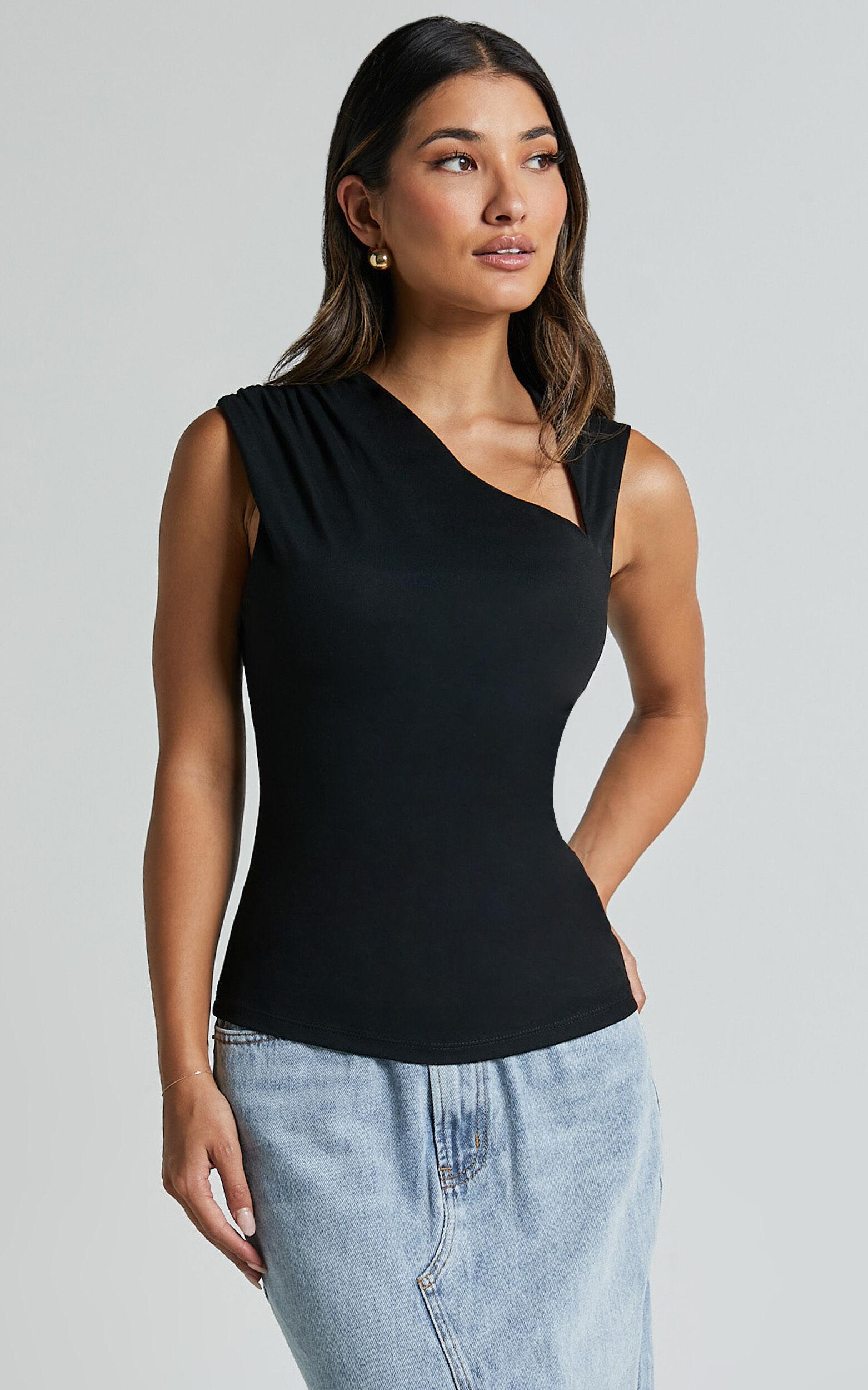 Inessa Top - Sleeveless Asymmetrical Neck Top in Black Product Image