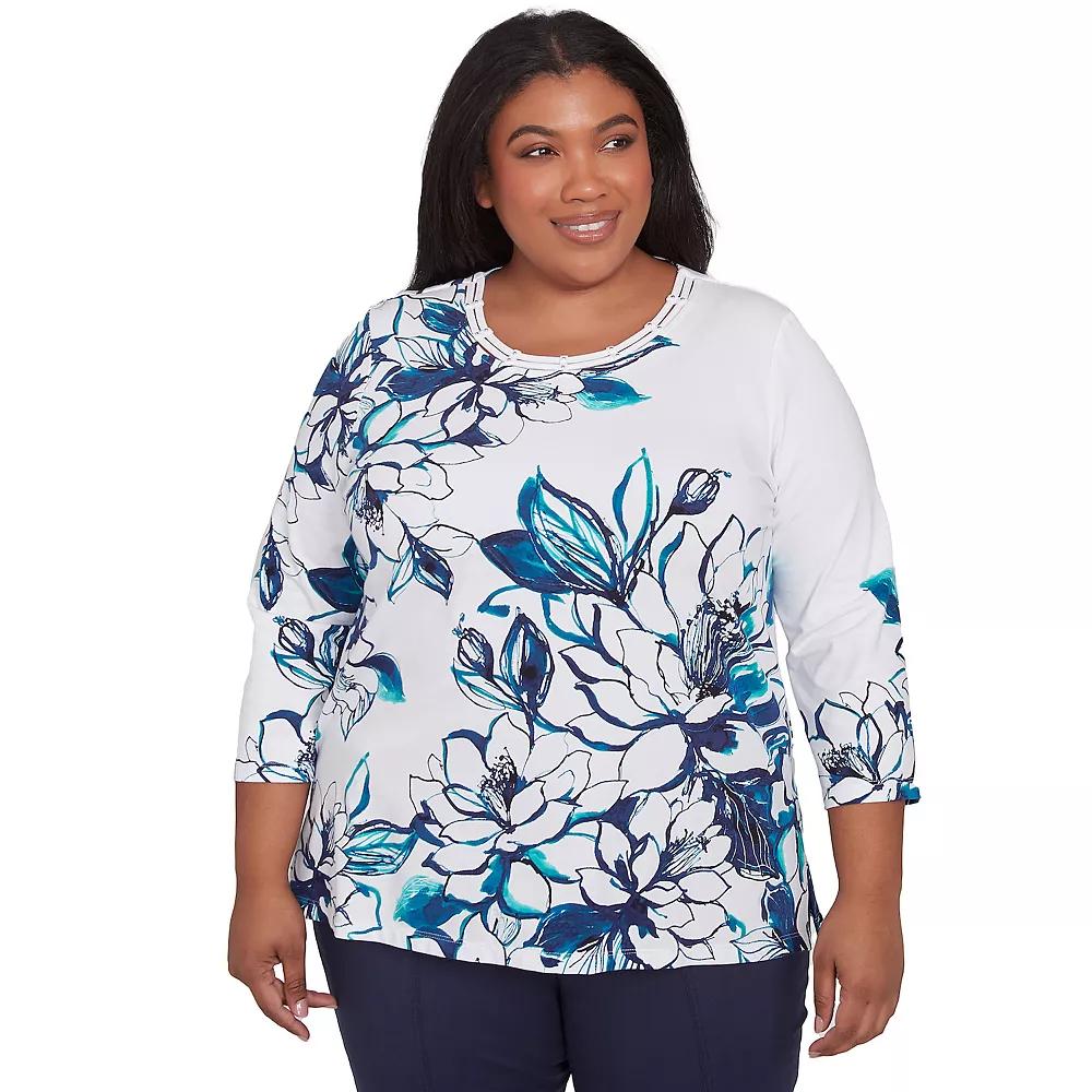Plus Size Alfred Dunner Fineline Floral Three Quarter Sleeve Top, Women's, Size: 1XL, Marine Team Product Image
