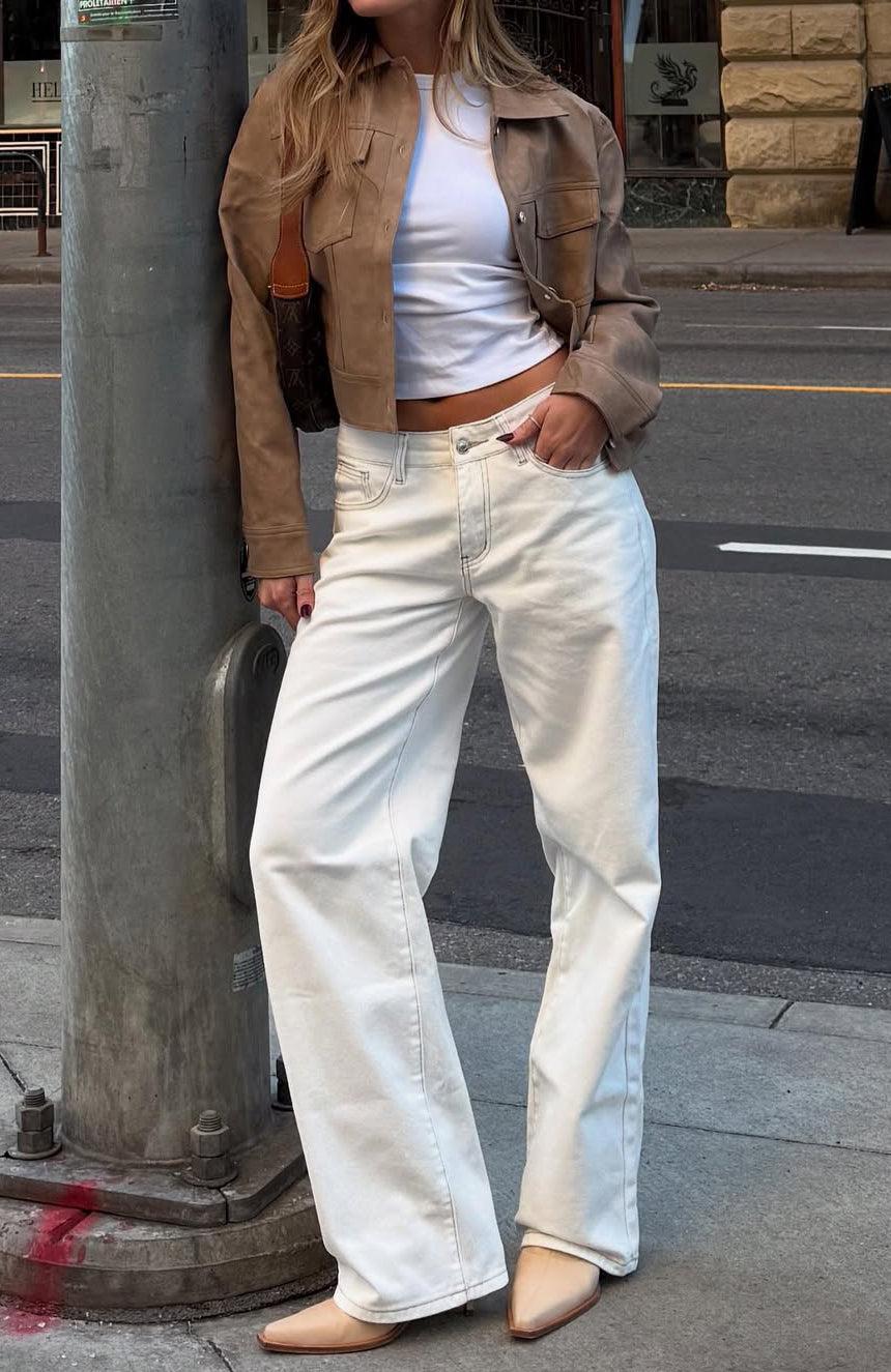 Bring The Style Low Rise Wide Leg Jeans Off White Product Image