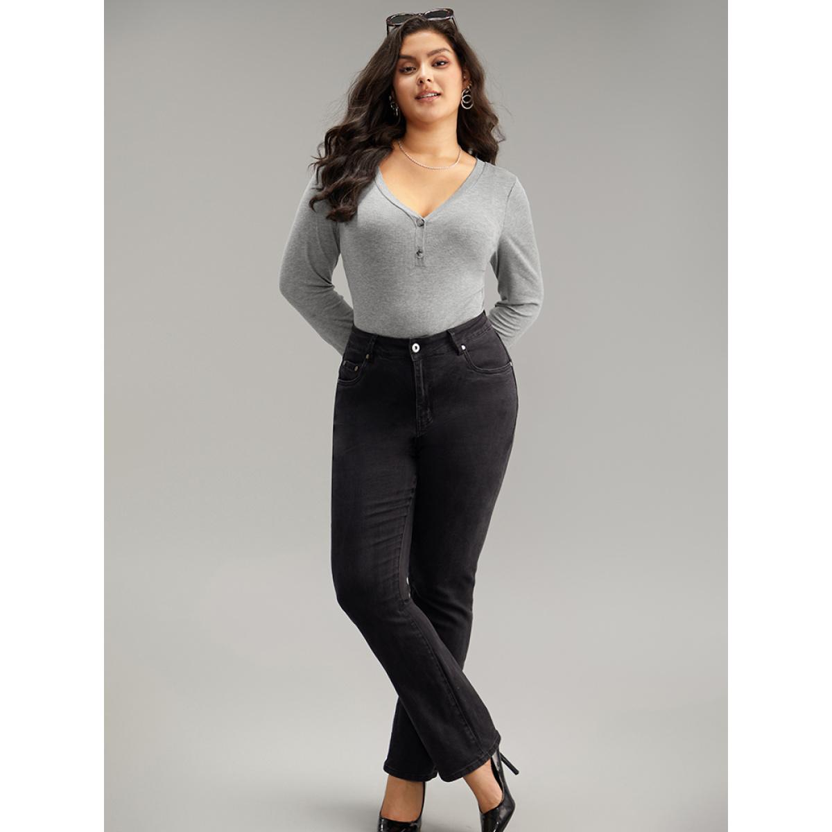 Plus Size Supersoft Essentials Rib Knit Button Up Bodysuit Women Gray Plain Plain Bodysuits BloomChic 26/4X Product Image