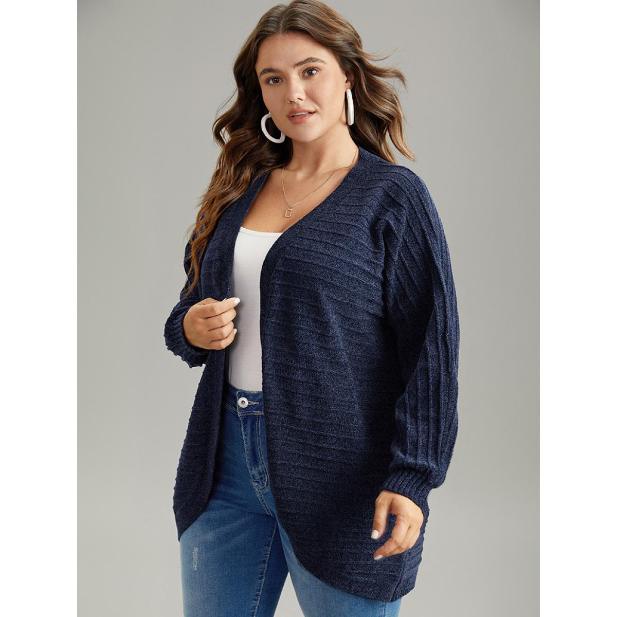 Plus Size Plain Textured Dolman Sleeve Arc Hem Cardigan Indigo Women Casual Loose Long Sleeve Dailywear Cardigans BloomChic 18-20/2X Product Image