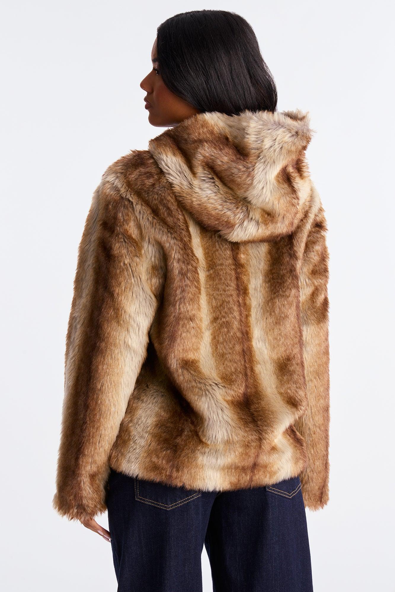 About The Drama Hooded Faux Fur Trench - Brown/combo Female Product Image