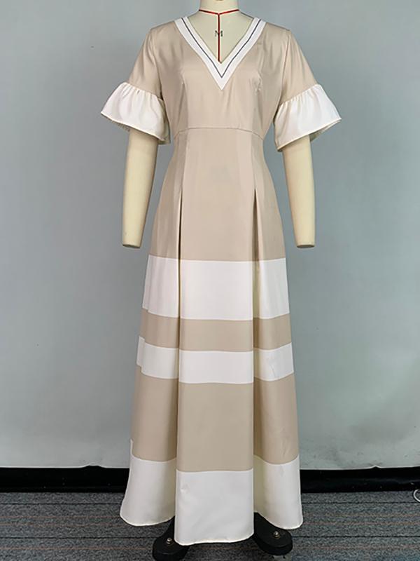 A-Line Flared Sleeves Contrast Color Pleated V-Neck Maxi Dresses Product Image