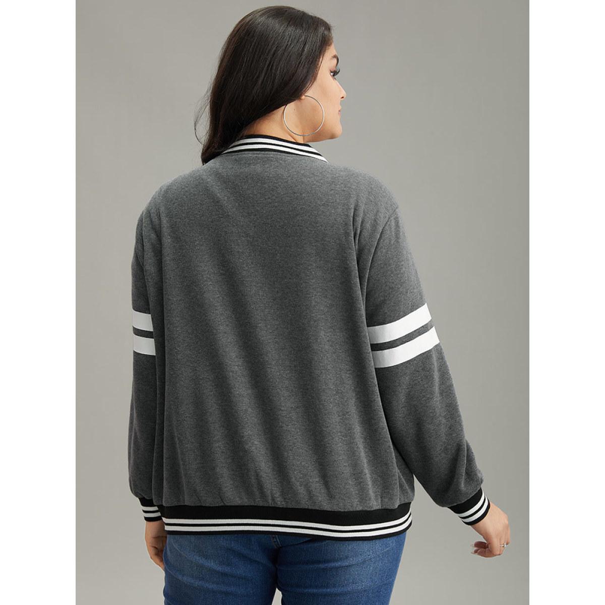 Plus Size Striped Patchwork Contrast Pocket Zipper Bomber Jacket Women DimGray Elastic cuffs Pocket Dailywear Jackets BloomChic 22-24/3X Product Image