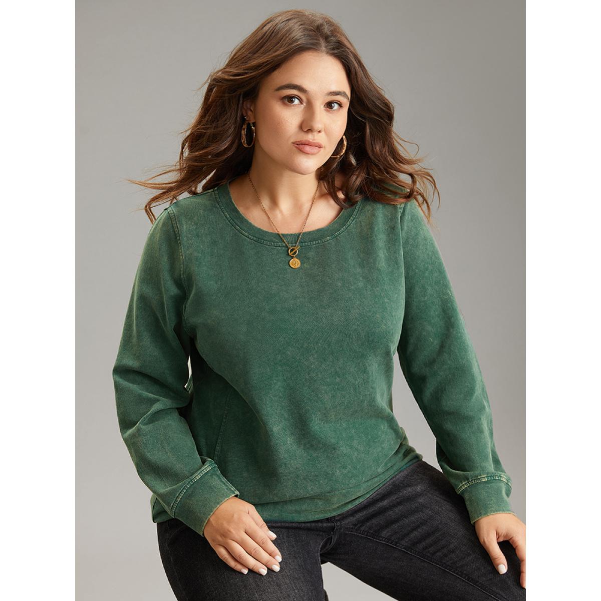 Plus Size Solid Vintage Round Neck Sweatshirt Women Cyan Casual Plain Round Neck Dailywear Sweatshirts BloomChic 14-16/1X Product Image