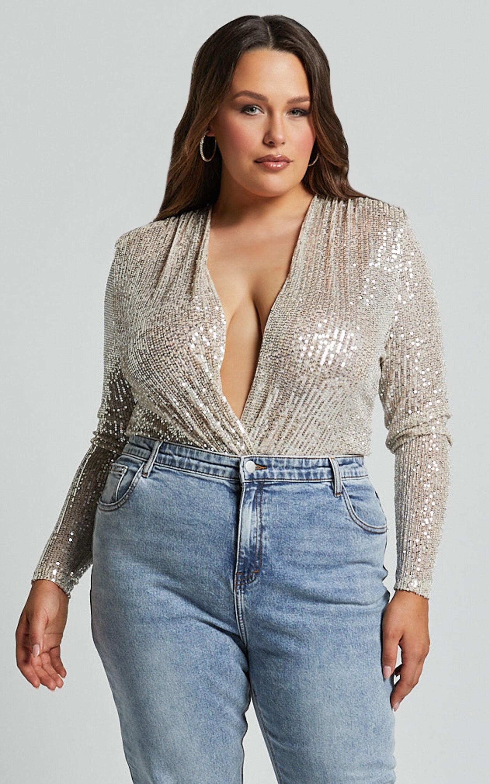 Alora Bodysuit - Sequin Wrap Front Long Sleeve Bodysuit in Silver Product Image