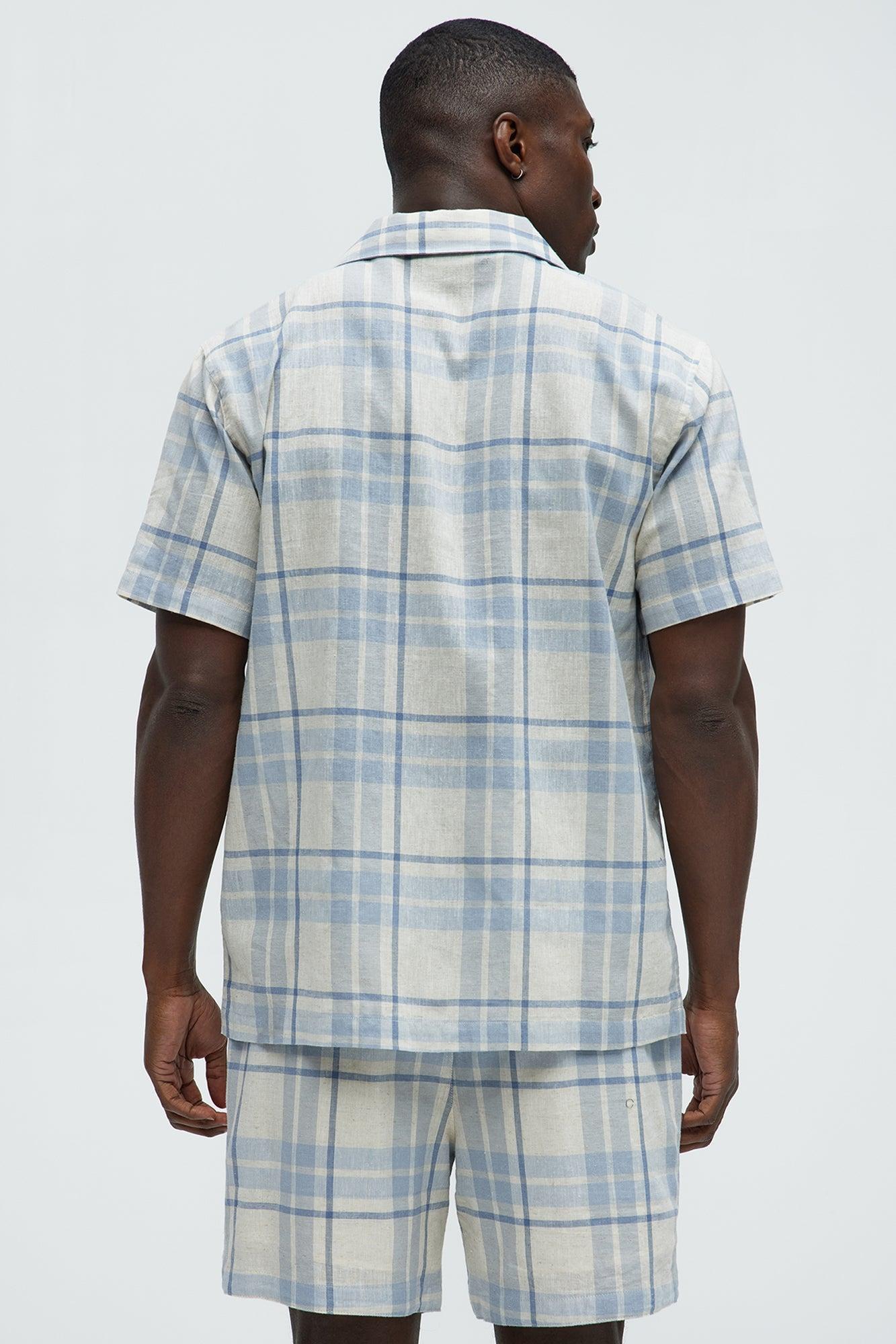 Breezy Cotton Plaid Short Sleeve Button Up - Blue/combo Product Image