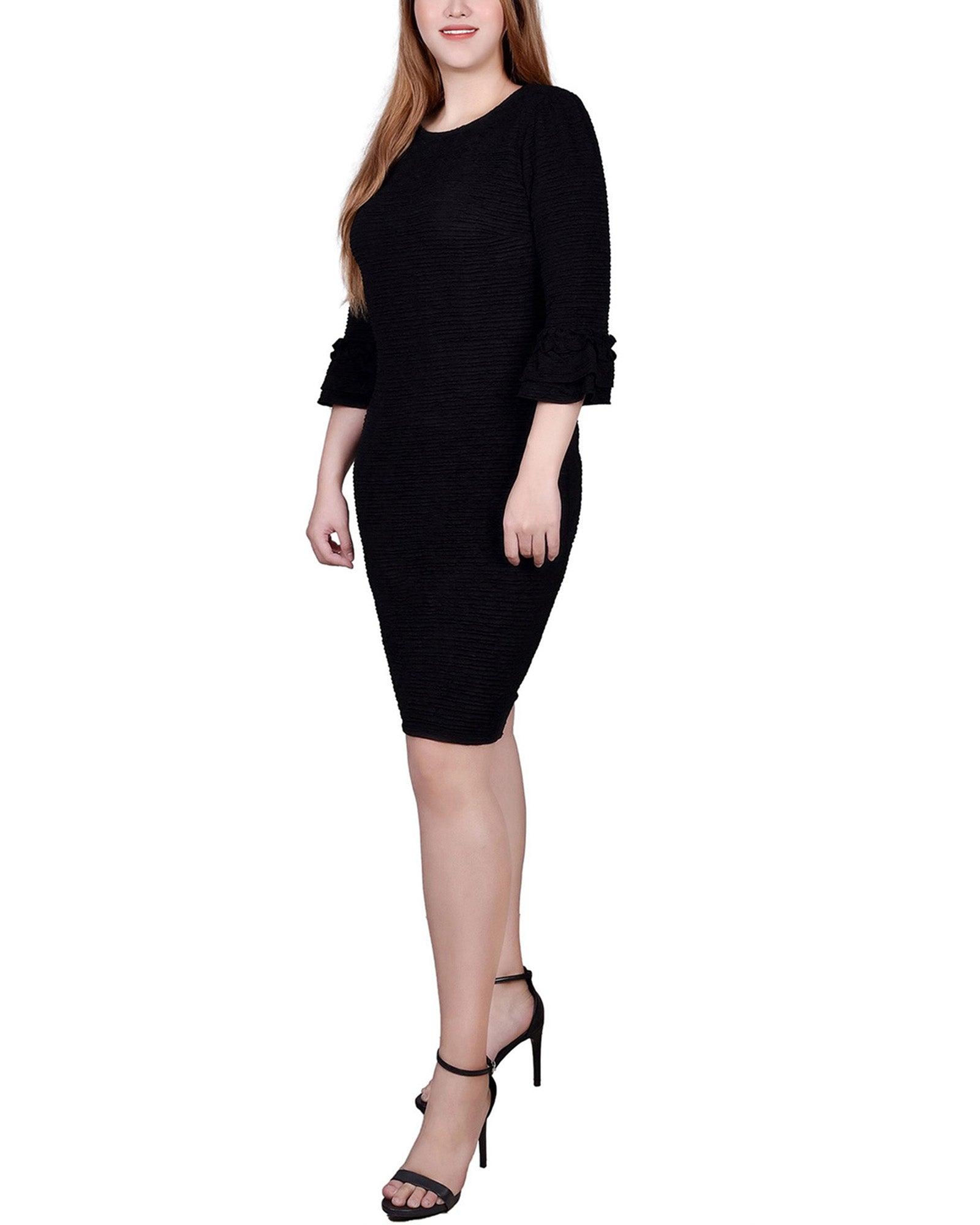 Black 3/4 Sleeve Textured Knit Dress Product Image
