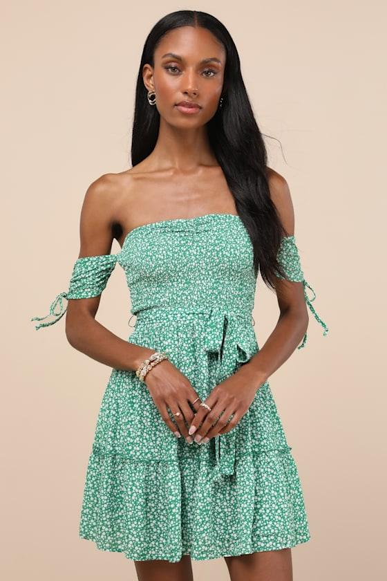Sweetest Feelings Green Floral Off-the-Shoulder Mini Dress Product Image