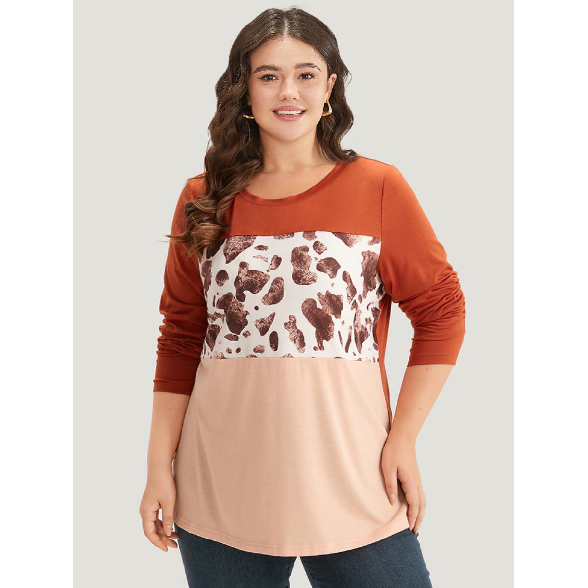 Plus Size Halloween Cow Pattern Contrast Patchwork T-shirt Chocolate Women Casual Patchwork Colorblock Round Neck Dailywear T-shirts BloomChic 14-16/1X Product Image