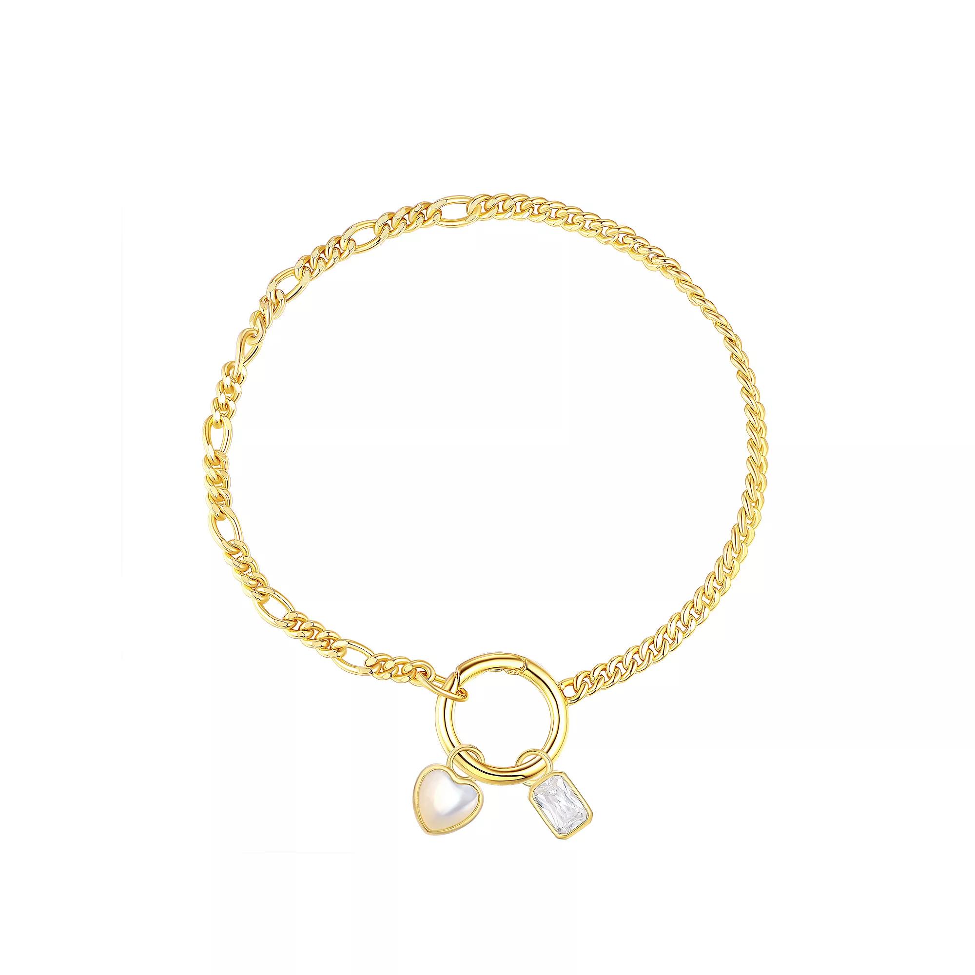 14k Gold Over Silver Mother Of Pearl & Cubic Zirconia Charm Bracelet, Women's, Size: 7.5", Sterling Silver Product Image