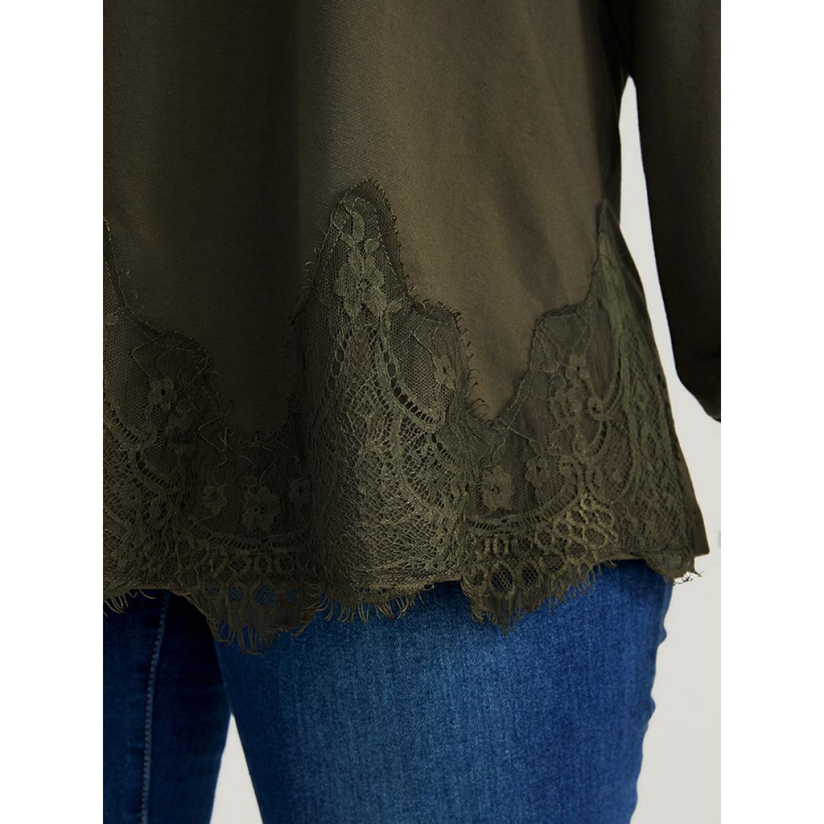 Plus Size Solid Round Neck Pocket Lace Hem Sweatshirt Women ArmyGreen Elegant Patchwork Round Neck Dailywear Sweatshirts BloomChic 14-16/1X Product Image