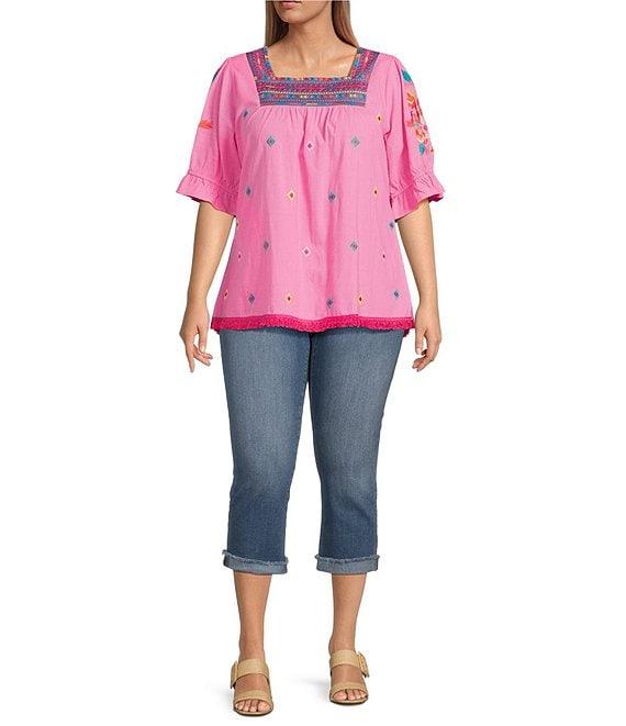 Calessa Plus Size Embroidered Square Neck Short Sleeve Top Product Image