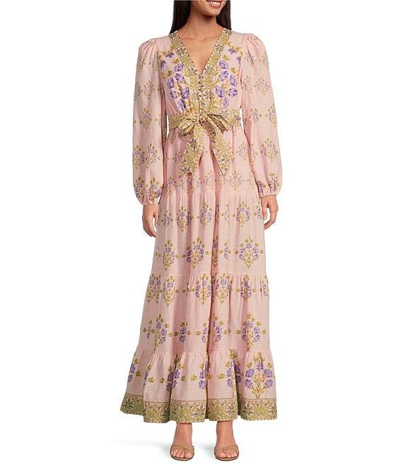 A Loves A Floral Printed Long Sleeve V-Neck Self Tie Maxi Dress Product Image