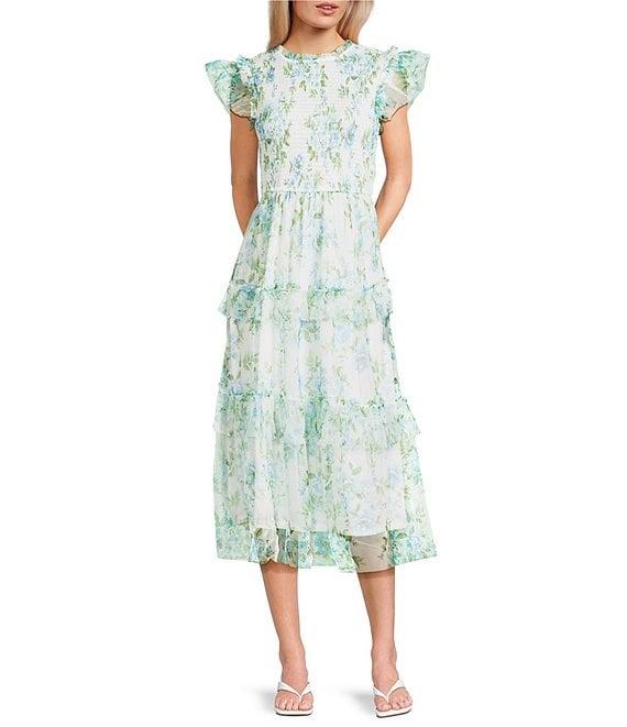 Blu Pepper Floral Print Mesh Round Neck Short Sleeve Smocked Midi Dress Product Image