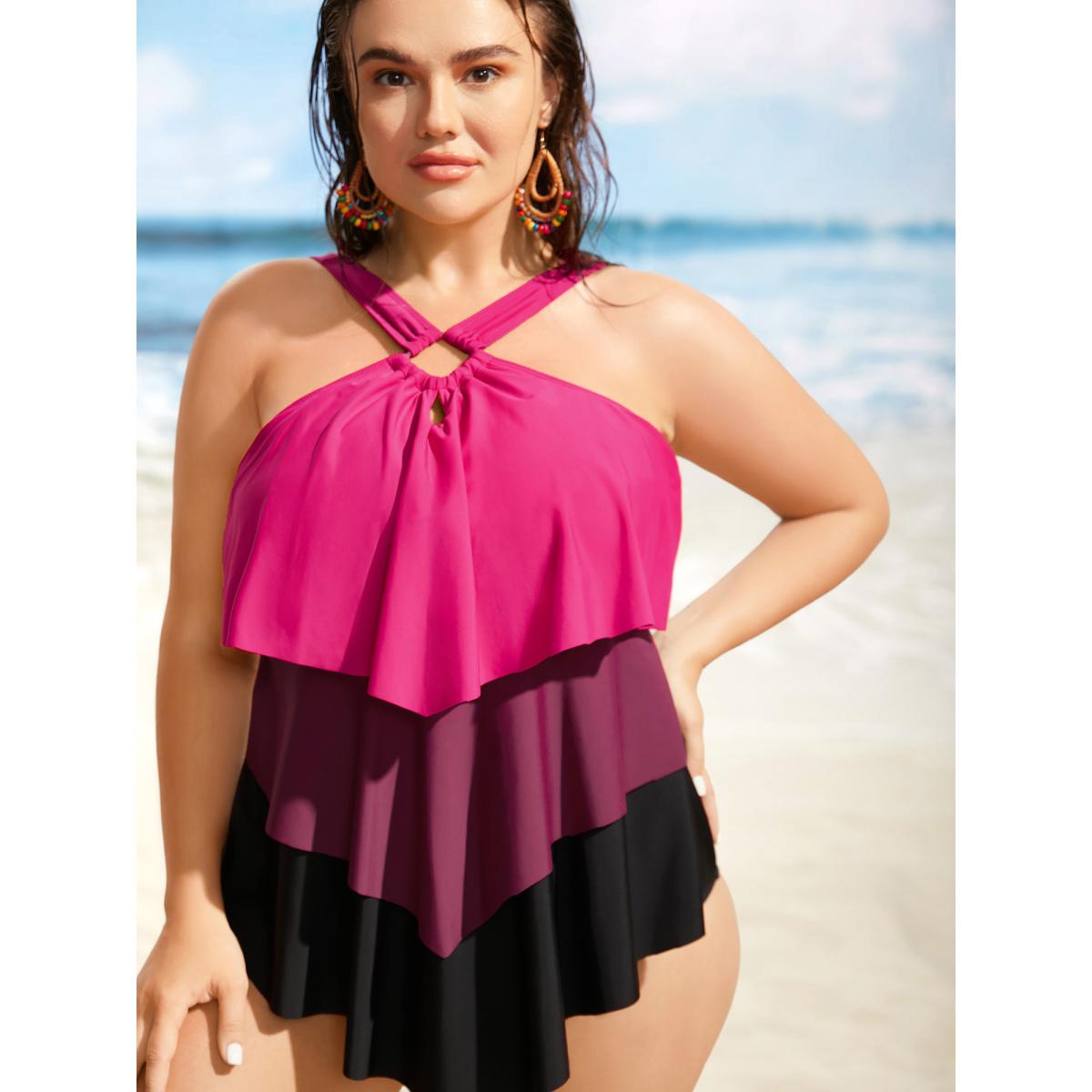 Plus Size Contrast Cut Out Tiered Hem One Piece Swimsuit Women's Swimwear Rosered Beach Contrast Curve Bathing Suits High stretch One Pieces BloomChic 28/5X Product Image